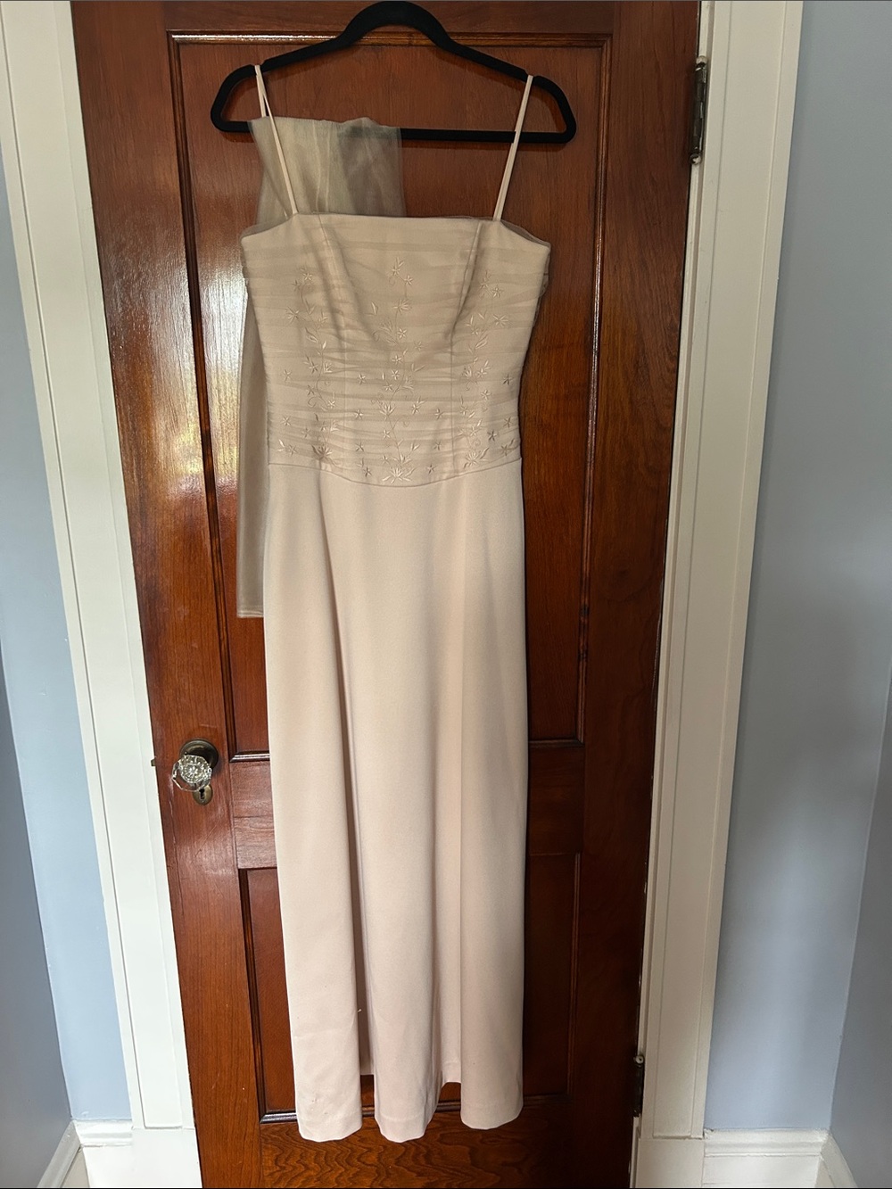 Belsoie bridesmaid dress with shawl. Light peach.